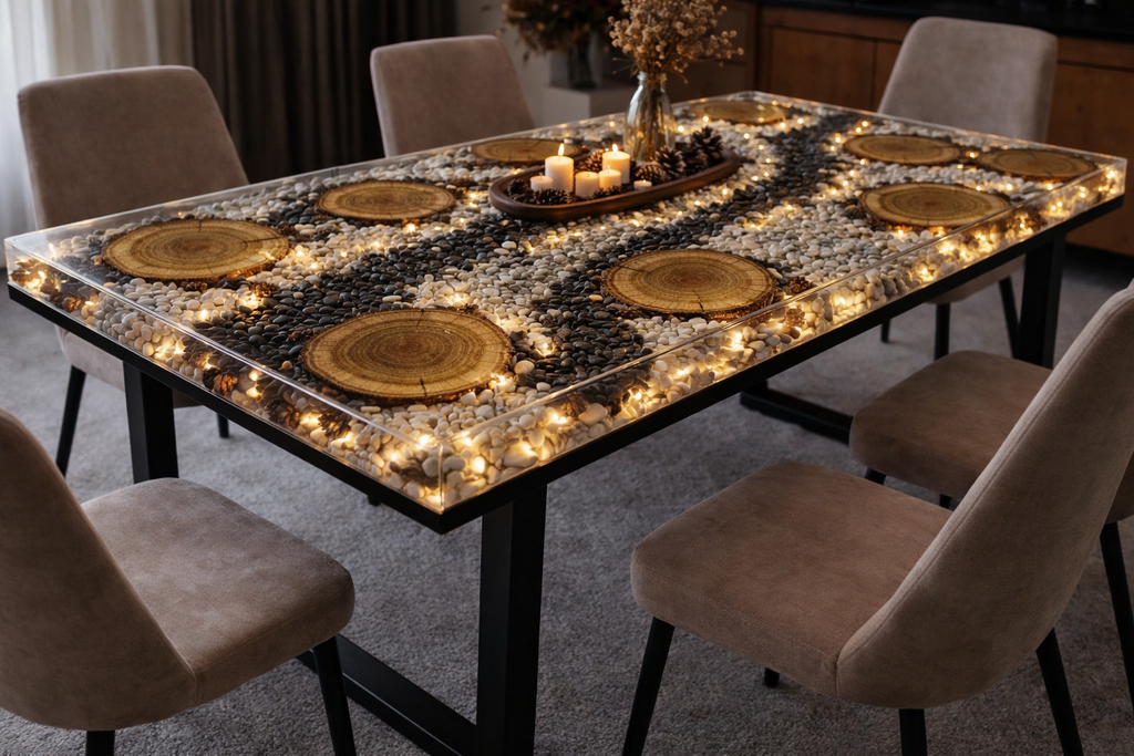 Imperial Stone Glow – Custom Wood, Stone & Resin Table