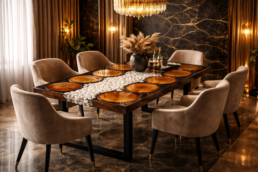 River Balance – Custom Wood, Stone & Epoxy River Table