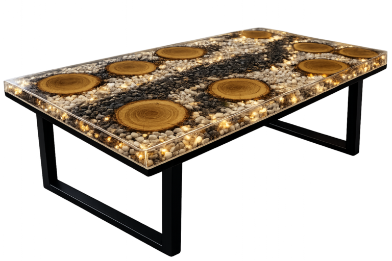 Wood, natural stone and epoxy resin table surface in a premium interior